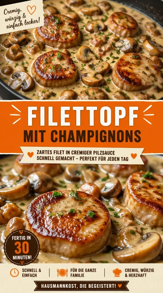 Köstlicher Filettopf mit Champignons auf einem Teller angerichtet.