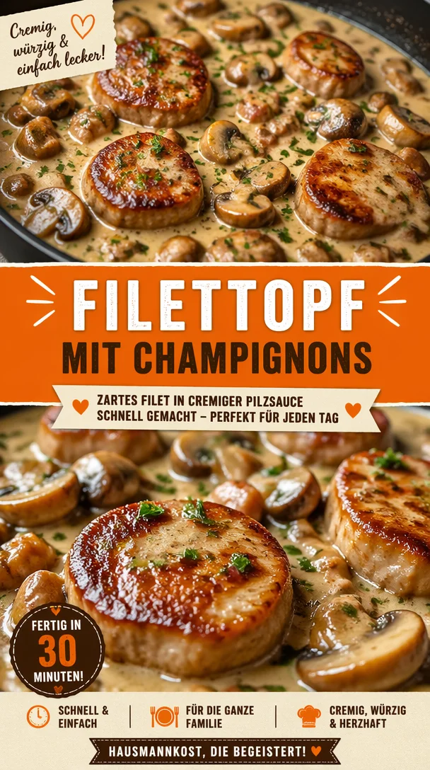 Köstlicher Filettopf mit Champignons auf einem Teller angerichtet.