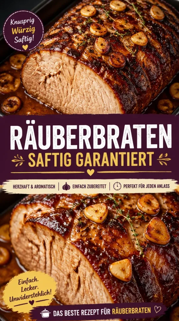 Köstlicher Räuberbraten serviert mit Beilagen auf einem Teller