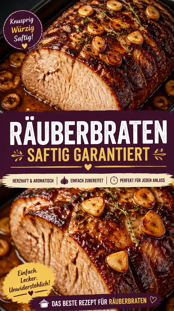 Köstlicher Räuberbraten serviert mit Beilagen auf einem Teller