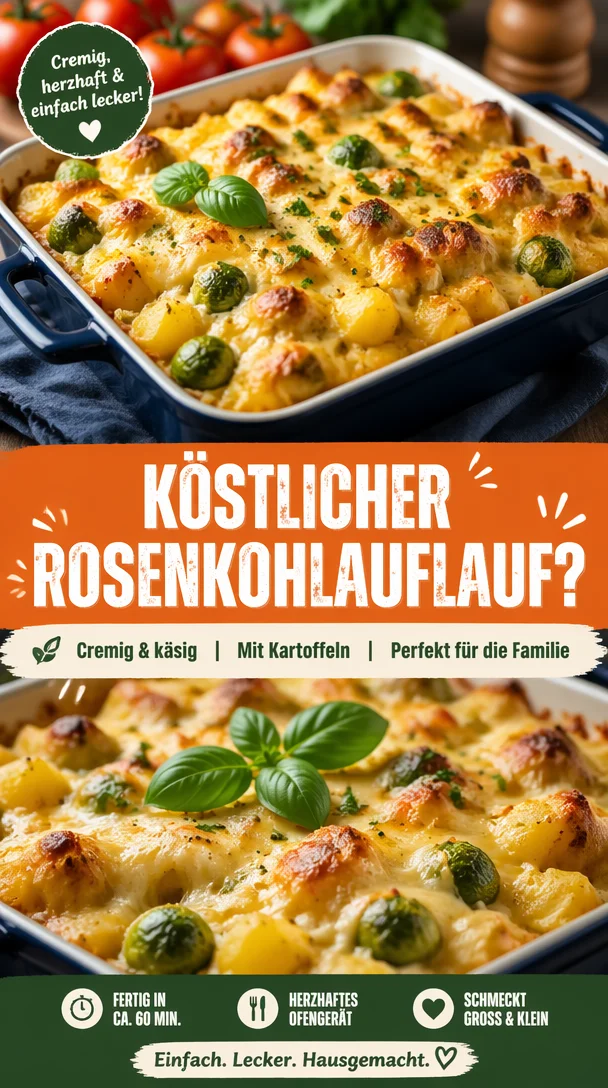 Köstlicher Rosenkohlauflauf mit Kartoffeln auf einem Teller serviert.