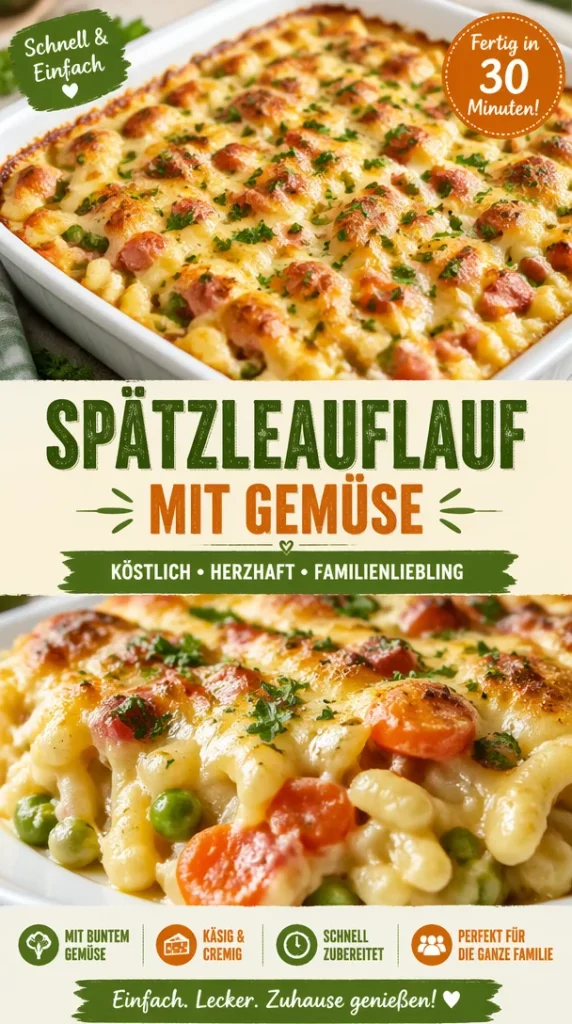 Schneller Spätzleauflauf mit Gemüse in einer Auflaufform auf einem Tisch