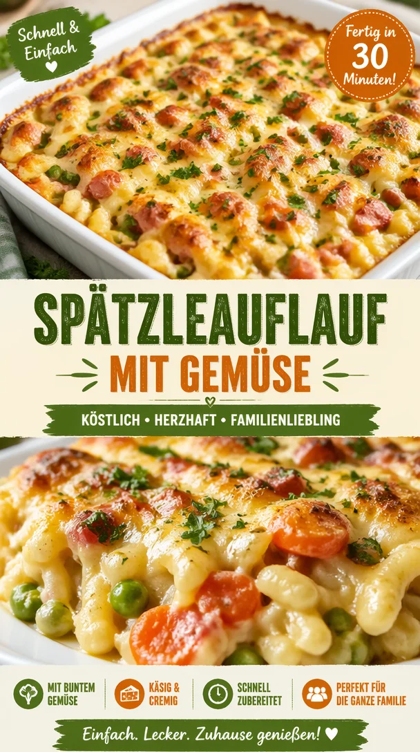 Schneller Spätzleauflauf mit Gemüse in einer Auflaufform auf einem Tisch