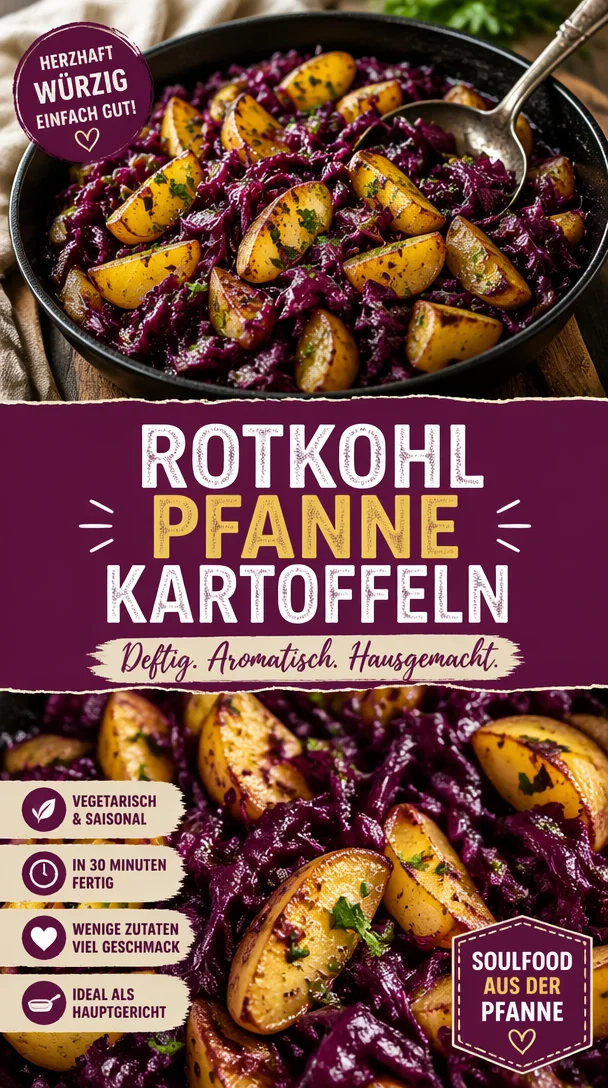 Leckere Rotkohl-Pfanne mit Kartoffeln auf einem gedeckten Tisch