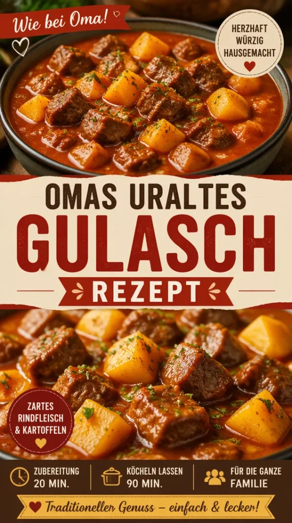 Traditionelles Gulasch nach Omas uraltem Rezept, köstlich und herzhaft zubereitet.