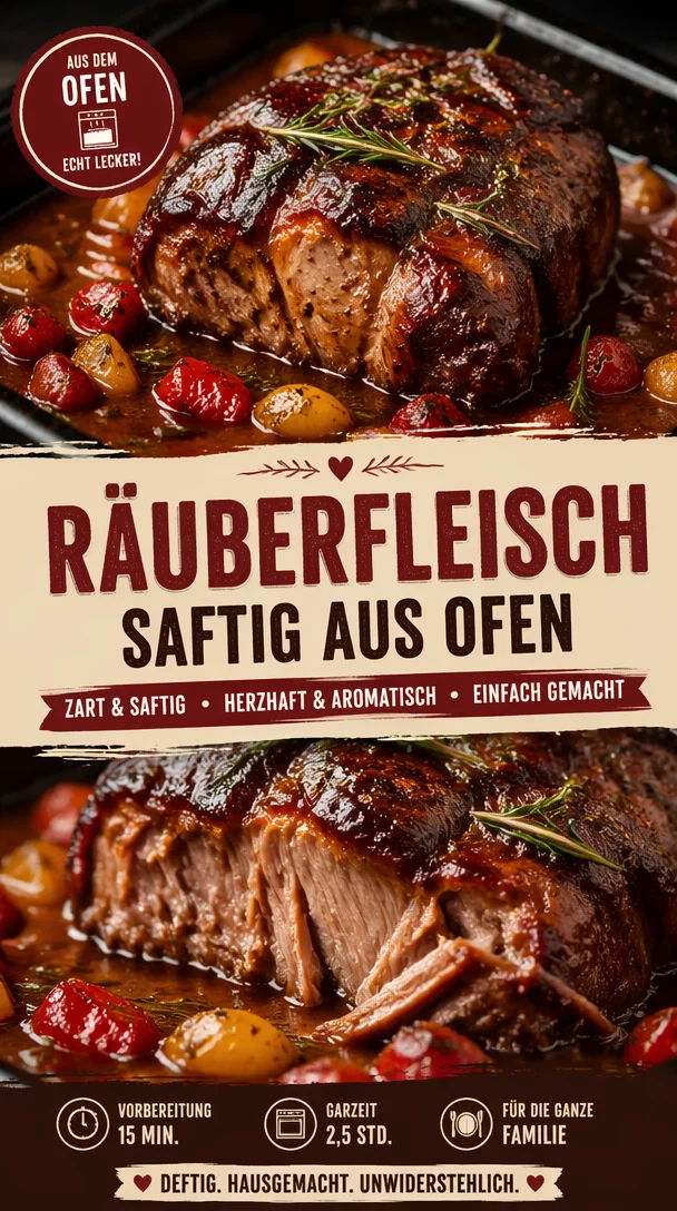 Saftiges Räuberfleisch aus dem Ofen, bereit zum Servieren.