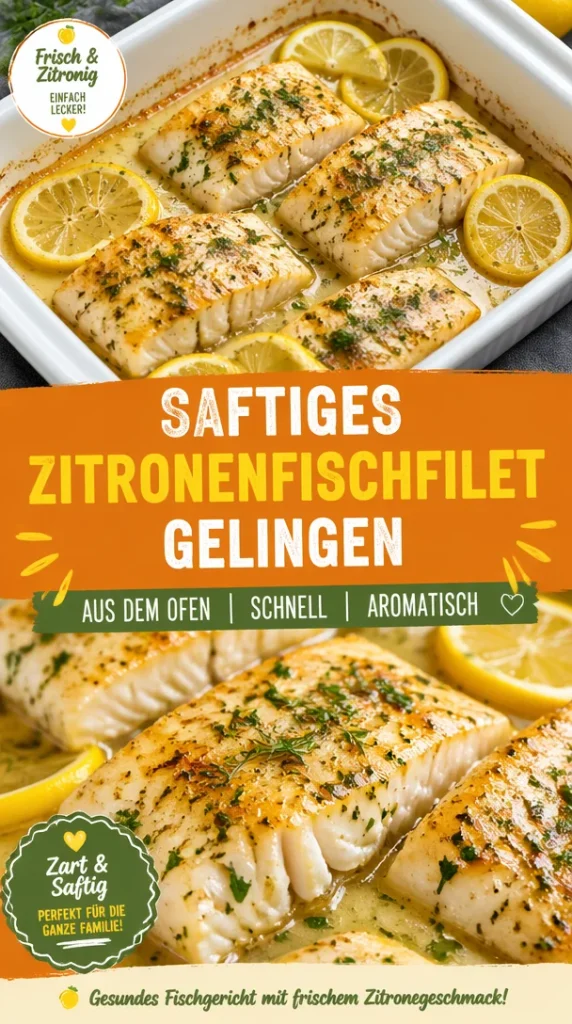 Saftiges Zitronenfischfilet aus dem Ofen auf einem Teller serviert