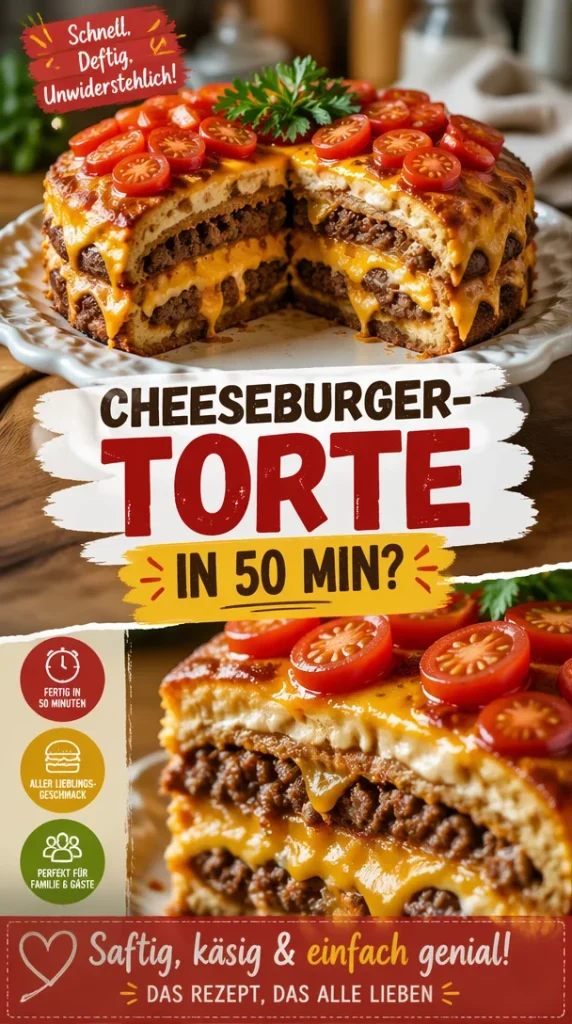 Schnelle Cheeseburger-Torte mit köstlichen Zutaten für Burgerliebhaber.
