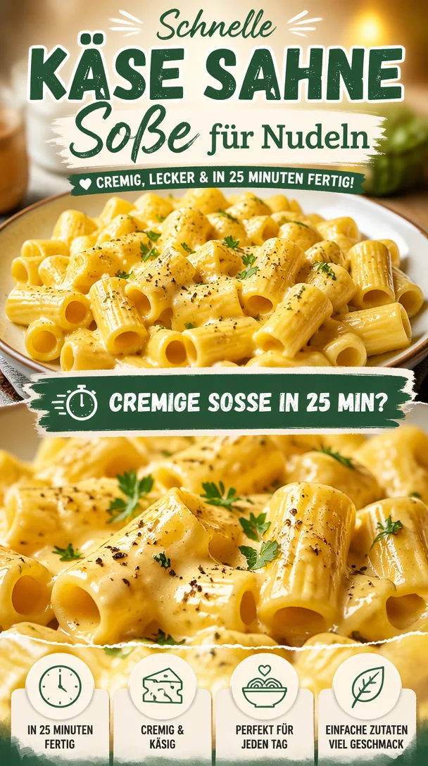 Schnelle Käse Sahne Soße für Nudeln auf einem weißen Teller