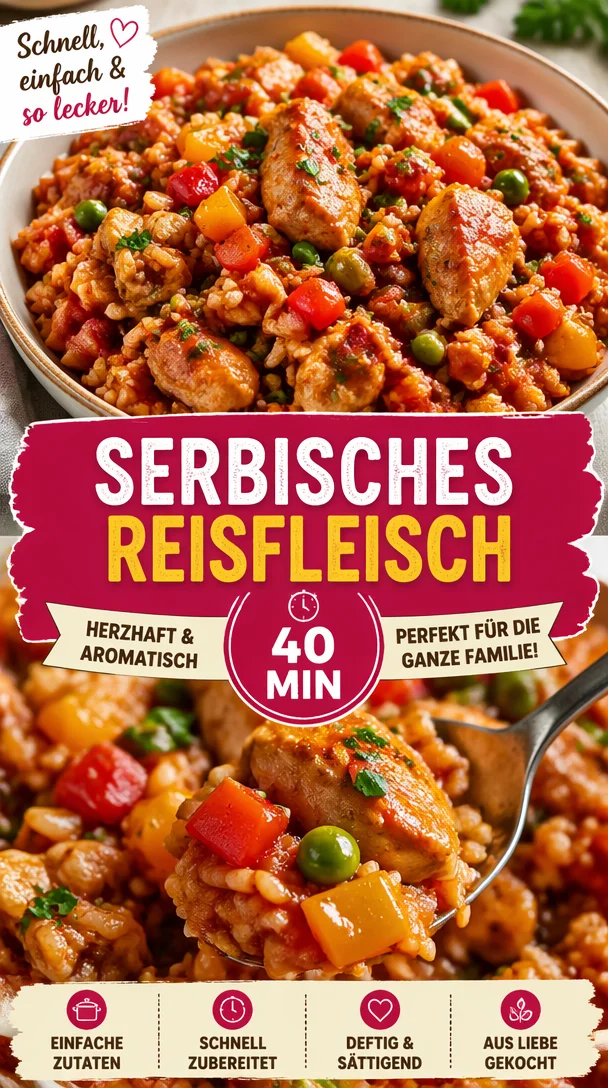 Schnelles serbisches Reisfleisch auf einem Teller serviert