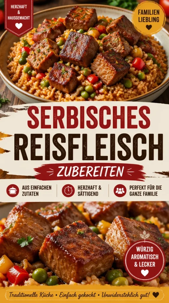 Servierfertiges serbisches Reisfleisch auf einem Teller, garniert mit frischen Kräutern.
