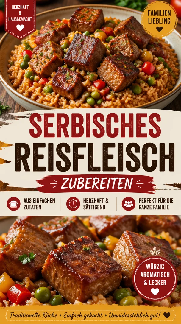 Servierfertiges serbisches Reisfleisch auf einem Teller, garniert mit frischen Kräutern.