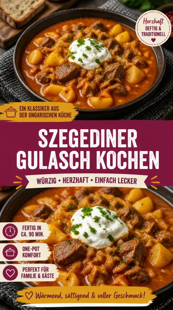 Eine appetitlich angerichtete Schüssel Szegediner Gulasch mit Paprika und Fleisch.