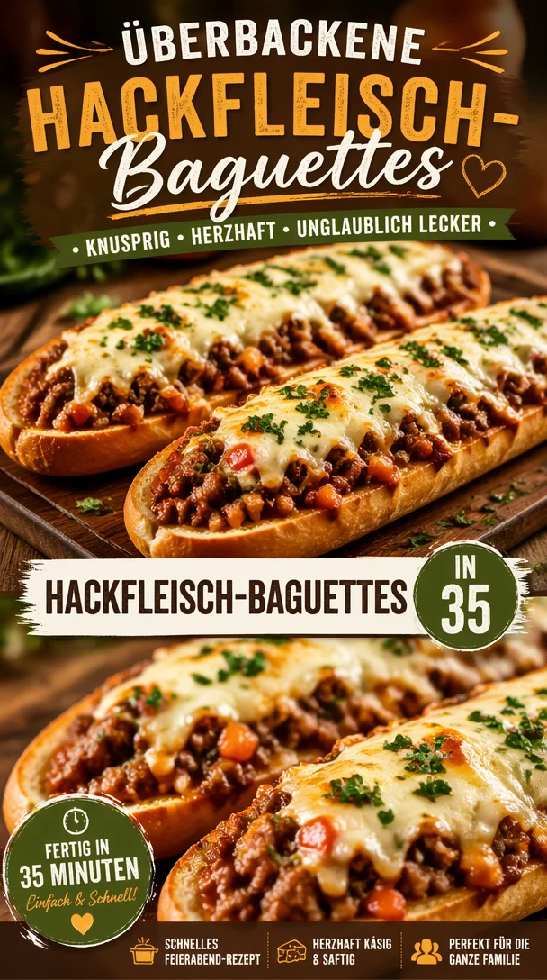 Überbackene Hackfleisch-Baguettes frisch aus dem Ofen