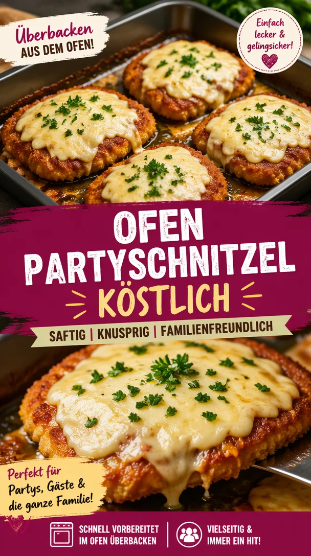 Überbackene Partyschnitzel aus dem Ofen frisch gegart und lecker serviert