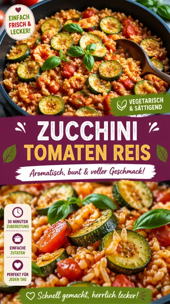 Eine Schüssel Zucchini-Tomaten-Reis, frisch zubereitet und angerichtet.