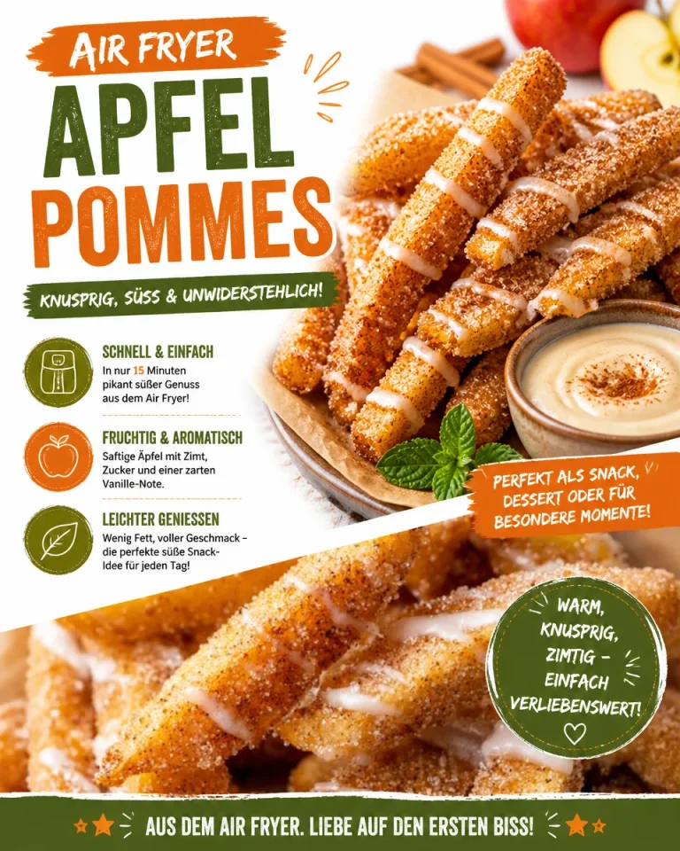 Köstliche Air Fryer Apfelpommes auf einem Teller serviert.