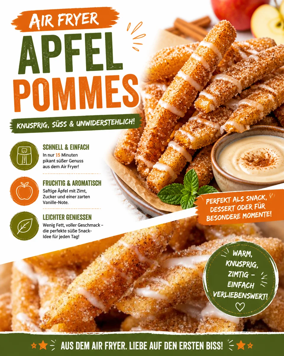 Köstliche Air Fryer Apfelpommes auf einem Teller serviert.