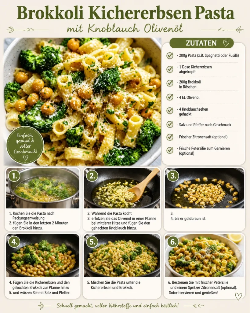 Brokkoli Kichererbsen Pasta mit Knoblauch und Olivenöl serviert in einer Schüssel