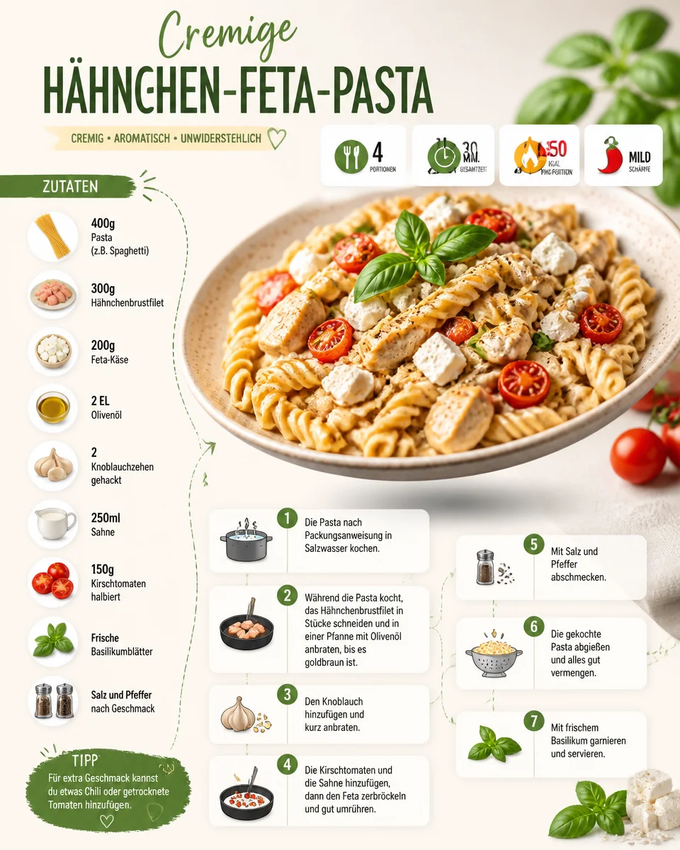 Cremige Hähnchen-Feta-Pasta mit frischen Zutaten