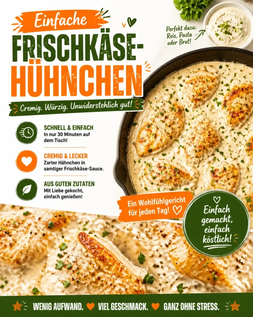 Einfache Frischkäse-Hühnchen mit frischem Gemüse und Gewürzen.