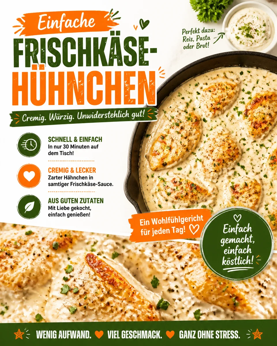 Einfache Frischkäse-Hühnchen mit frischem Gemüse und Gewürzen.