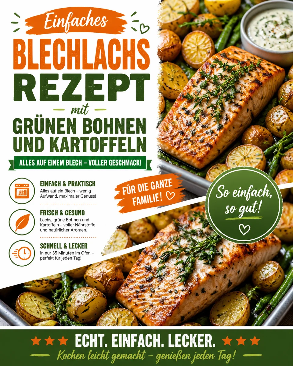 Einfaches Blechlachs Rezept mit grünen Bohnen und Kartoffeln auf einem Blech.