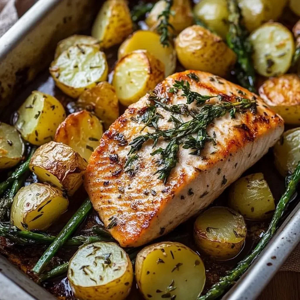 Einfaches Blechlachs Rezept mit grünen Bohnen und Kartoffeln