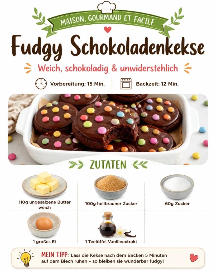 Fudgy Schokoladenkekse frisch aus dem Ofen, lecker und schokoladig.
