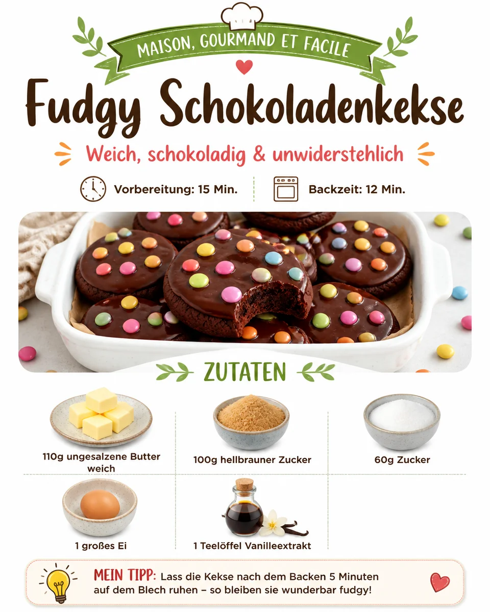 Fudgy Schokoladenkekse frisch aus dem Ofen, lecker und schokoladig.