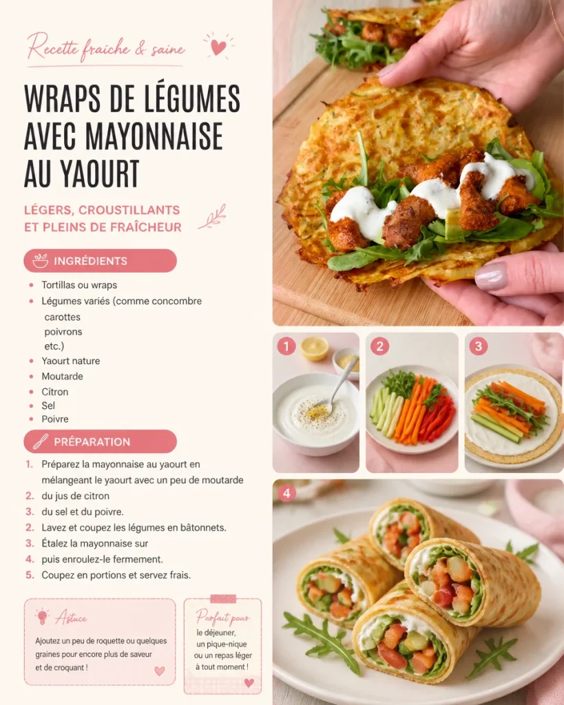 Leckere Gemüse-Wraps mit Joghurt-Mayonnaise auf einem Holzbrett