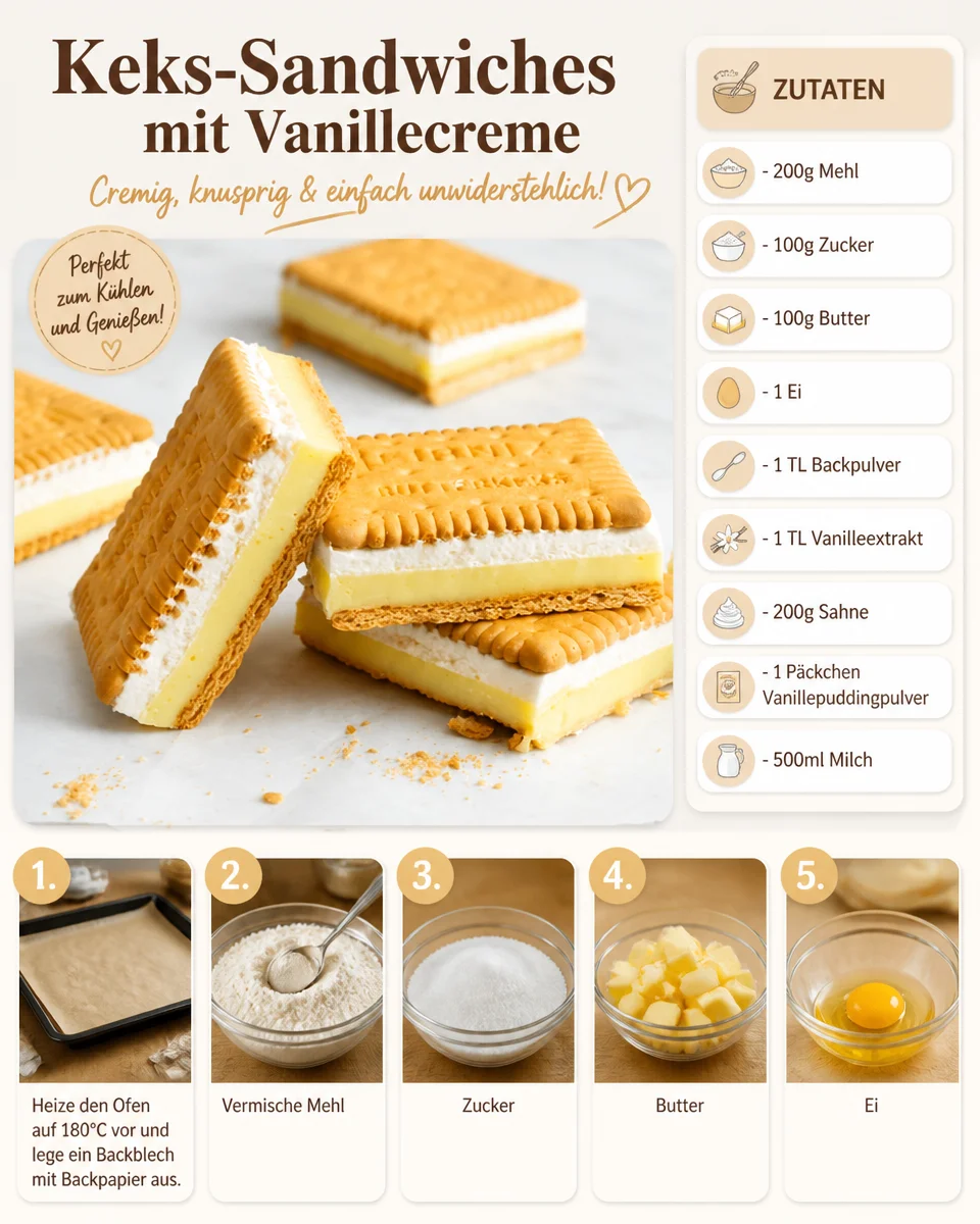Ein köstliches Keks-Sandwich mit Vanillecreme gefüllt