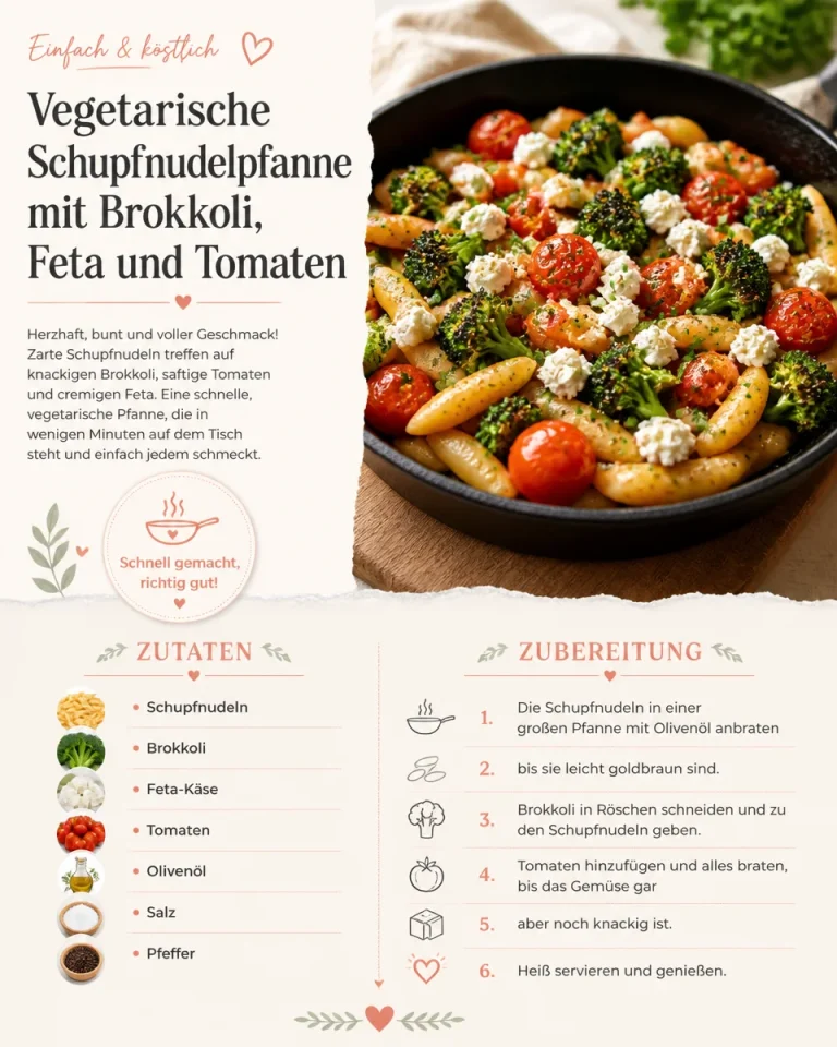 Vegetarische Schupfnudelpfanne mit Brokkoli, Feta und Tomaten auf einem Teller serviert