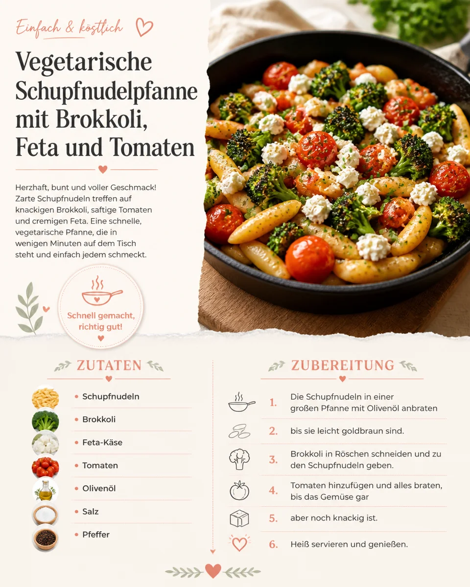 Vegetarische Schupfnudelpfanne mit Brokkoli, Feta und Tomaten auf einem Teller serviert