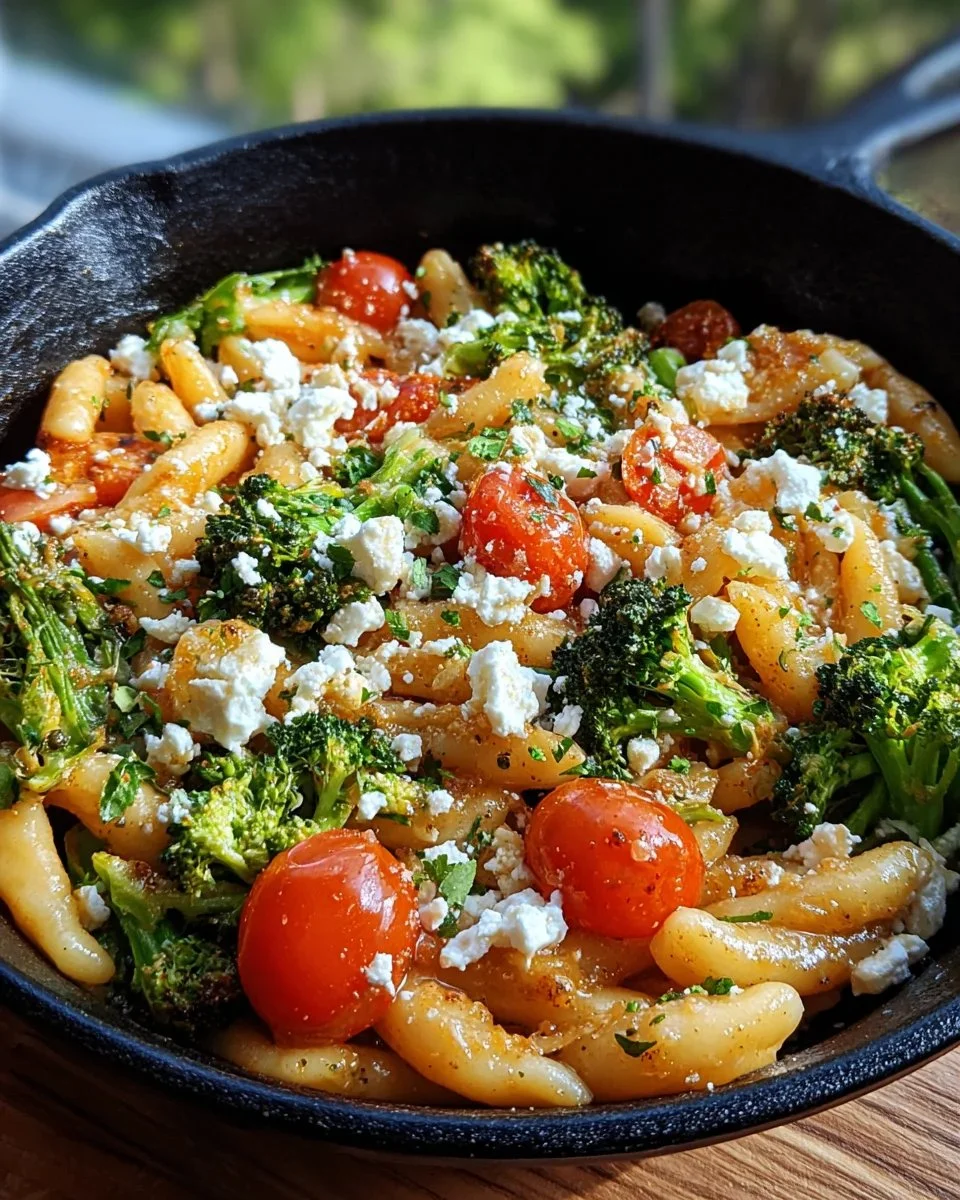Vegetarische Schupfnudelpfanne mit Brokkoli, Feta und Tomaten