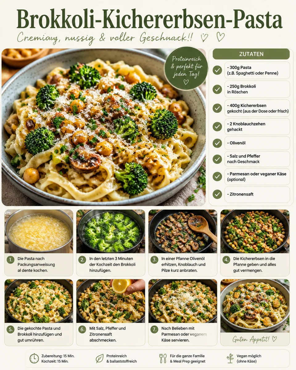 Gesunde Brokkoli-Kichererbsen-Pasta mit frischem Gemüse und Gewürzen