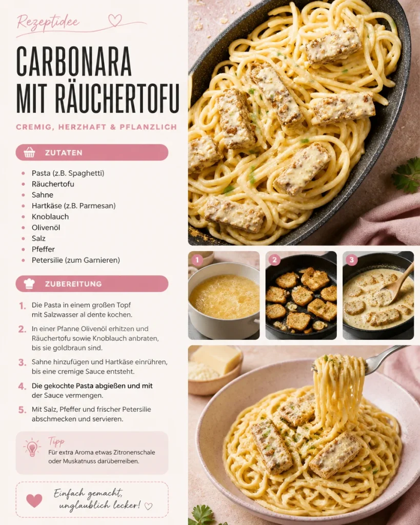 Vegane Carbonara mit Räuchertofu auf einem Teller serviert