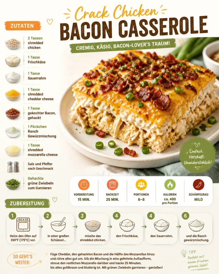 Crack Chicken Bacon Auflauf mit Käse und Speck, ein köstliches Rezept.