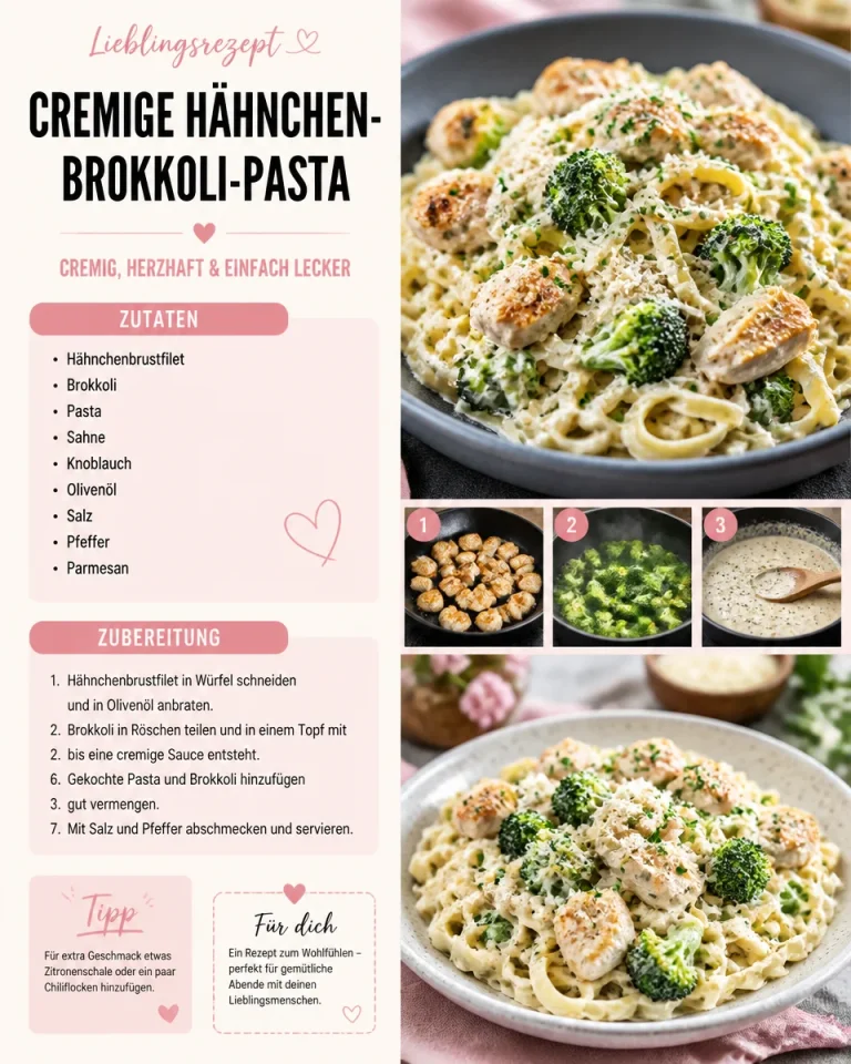 Cremige Hähnchen-Brokkoli-Pasta auf einem Teller serviert