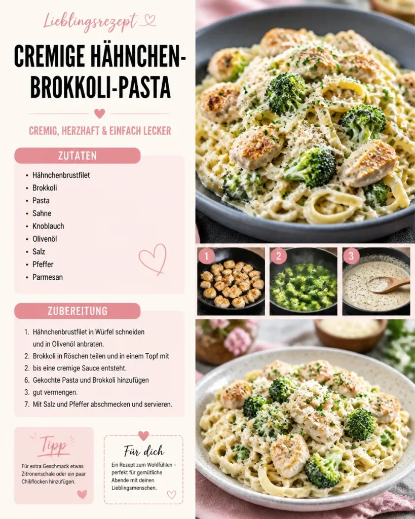 Cremige Hähnchen-Brokkoli-Pasta auf einem Teller serviert