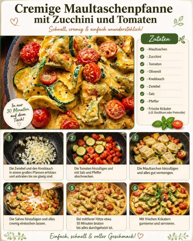 Cremige Maultaschenpfanne mit Zucchini und Tomaten auf einem Teller serviert