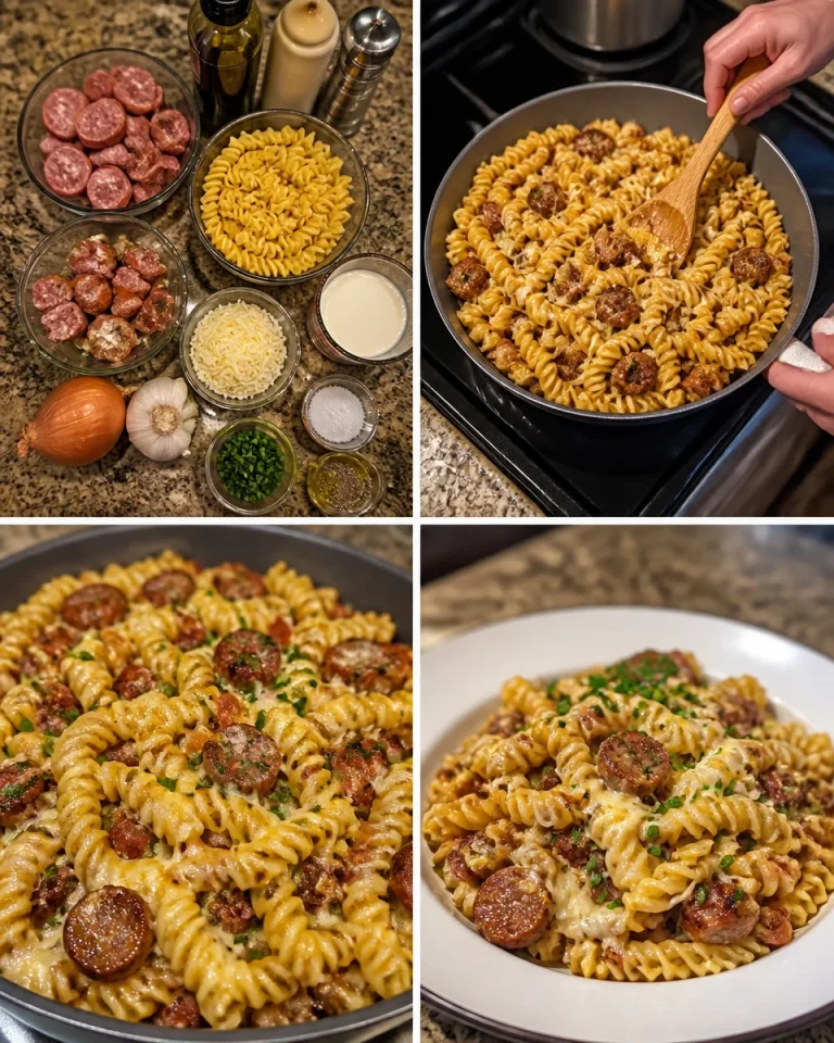 Cremige Pasta mit Wurst auf einem Teller serviert.