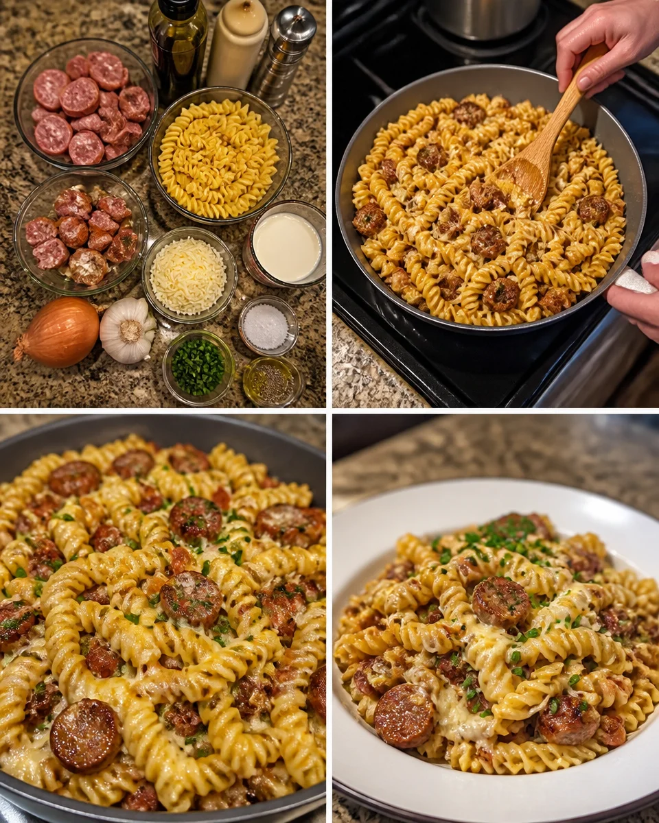 Cremige Pasta mit Wurst auf einem Teller serviert.