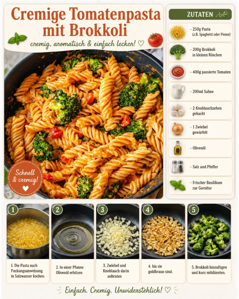 Cremige Tomatenpasta mit Brokkoli auf einem Teller mit frischen Kräutern.