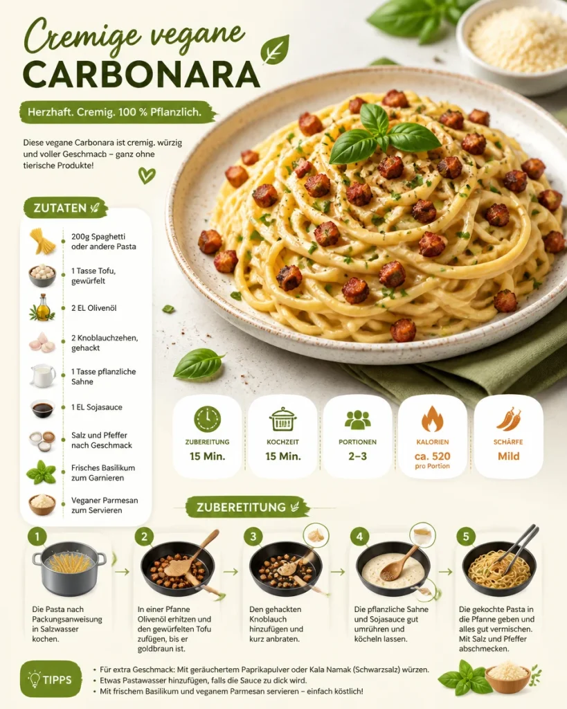 Cremige vegane Carbonara mit pflanzlichen Zutaten auf einem Teller