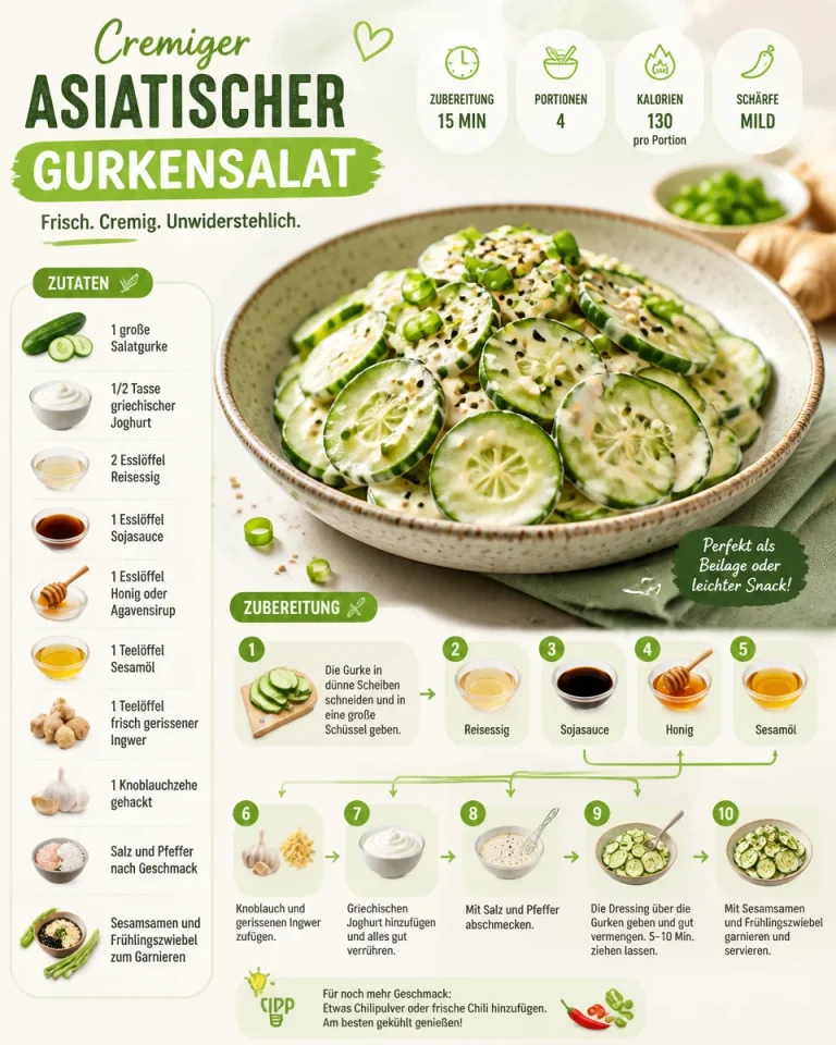 Cremiger asiatischer Gurkensalat mit frischen Zutaten für einen erfrischenden Snack.