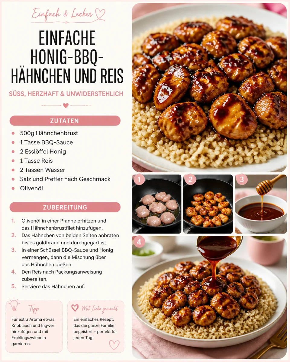 Schmackhaftes Honig-BBQ-Hähnchen mit Reis auf einem Teller serviert