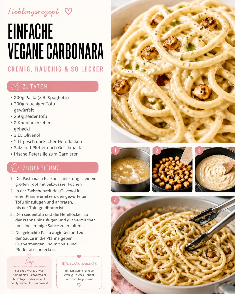 Einfache vegane Carbonara mit Zutaten und Garnitur auf einem Teller