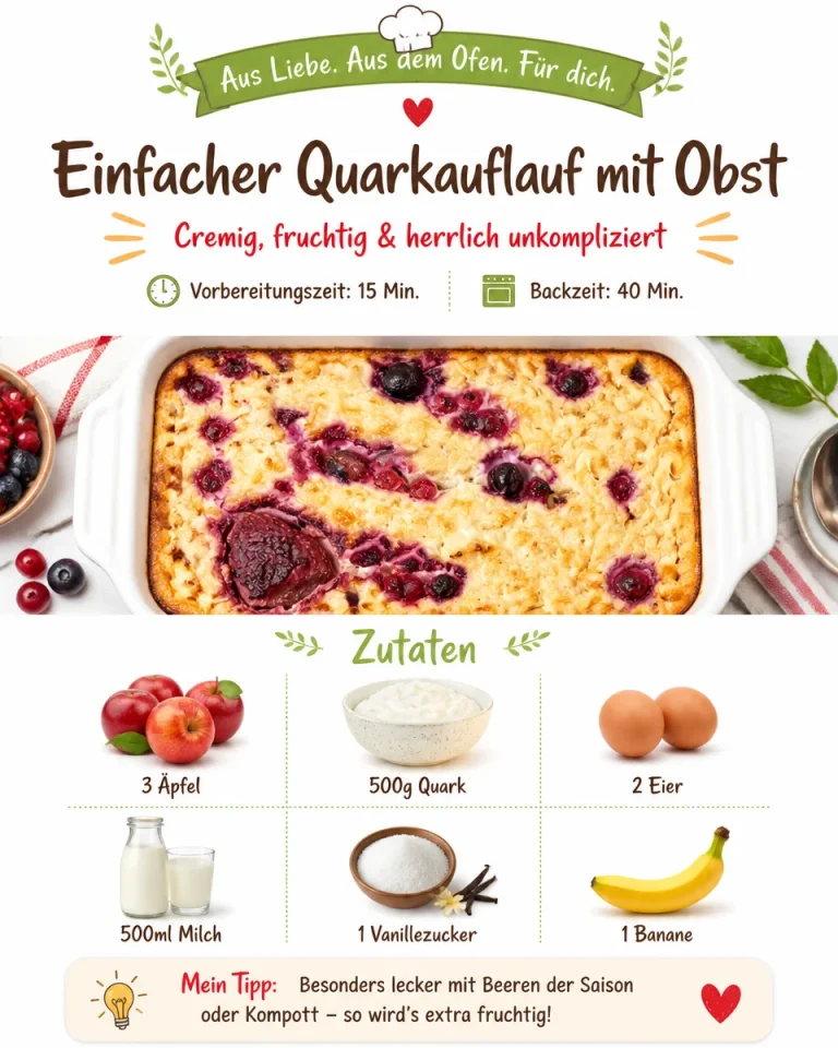Ein einfacher Quarkauflauf mit frischem Obst, serviert in einer schönen Auflaufform.