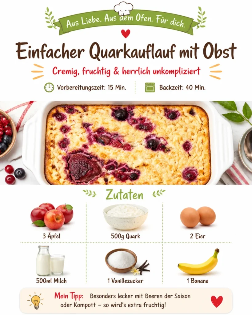 Ein einfacher Quarkauflauf mit frischem Obst, serviert in einer schönen Auflaufform.
